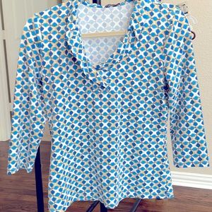 J. McLaughlin Womens Durham 3/4 Sleeve Ruffle Top Blue Size Small Geometric